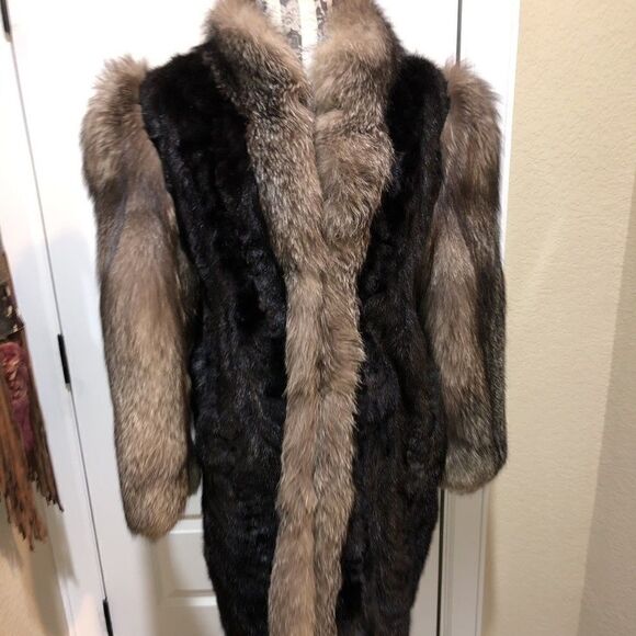 Long Dark Brown Mink with Brown Fox Fur Coat - Picture 1 of 9
